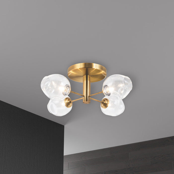 Plafonnier semi-affleuré Abii de Dainolite en verre transparent, avec fini bronze rétro et 4 ampoules