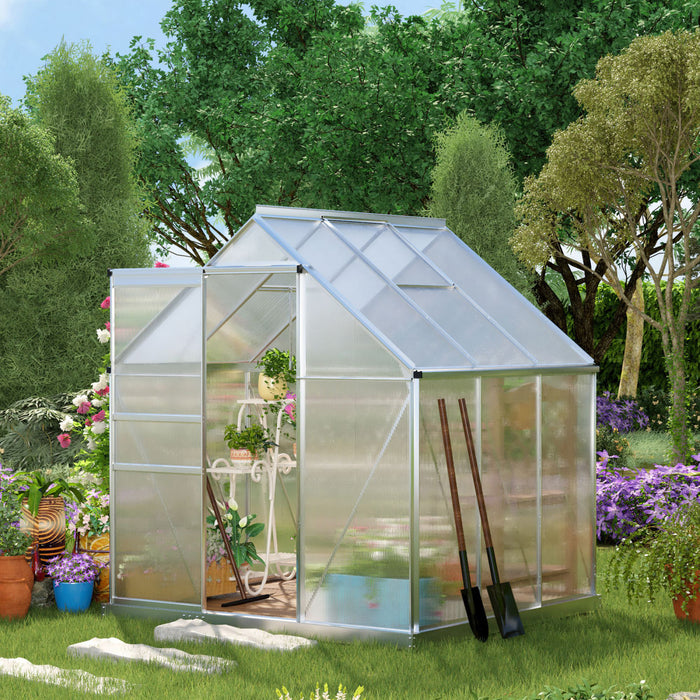 Outsunny Serre De Jardin Aluminium Polycarbonate Serre A Tomates Jardinerie Plantes Fondation Lucarne Reglable Porte Coulissante 6.2'l X 6.2'l X 6.6'h Argent Transparent