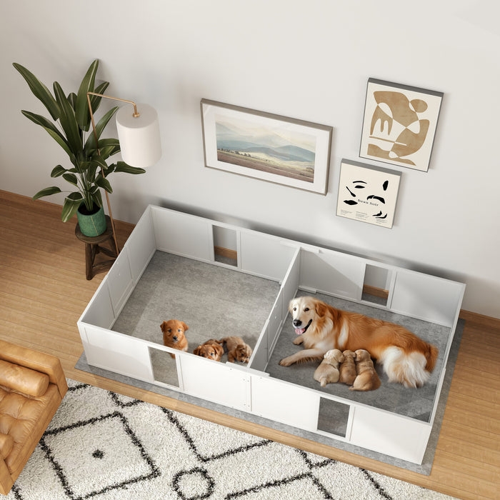 Pawhut Boite De Mise Bas Pour Chiens Et Chiots, Enclos De Mise Bas Pour Chien, Interieur Avec Portes Amovibles A Hauteur Reglable, Pour Chiens De Petite Taille, 96\" X 47\" X 19\"