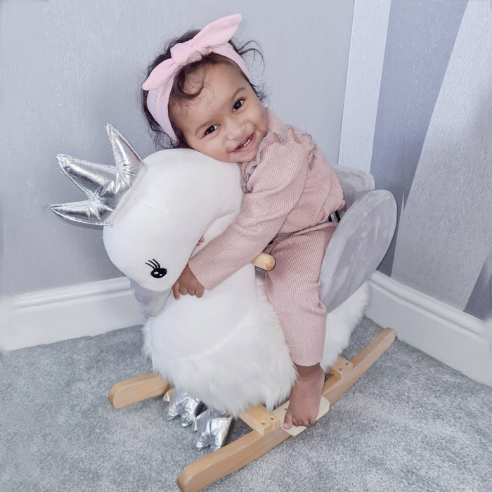 Qaba Cheval A Bascule Cygne En Bois Pour Bebe, Chaise A Bascule En Peluche Avec Sons, Base En Bois Pour Bebes 18-36 Mois, Blanc Et Gris