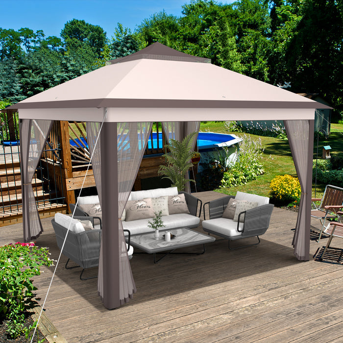 Costway 11’x11’ 2-tier Pop-up Tente Gazebo Abri A Canopy Portatif Sac De Transport Mesh Beige
