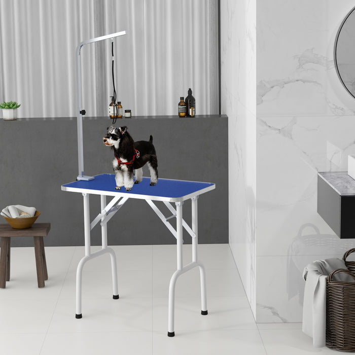 Pawhut Table De Toilettage Pour Petits Chiens, Table De Toilettage Pliable Pour Chiens Et Chats Avec Bras Reglable, Surface Antiderapante, Bleu