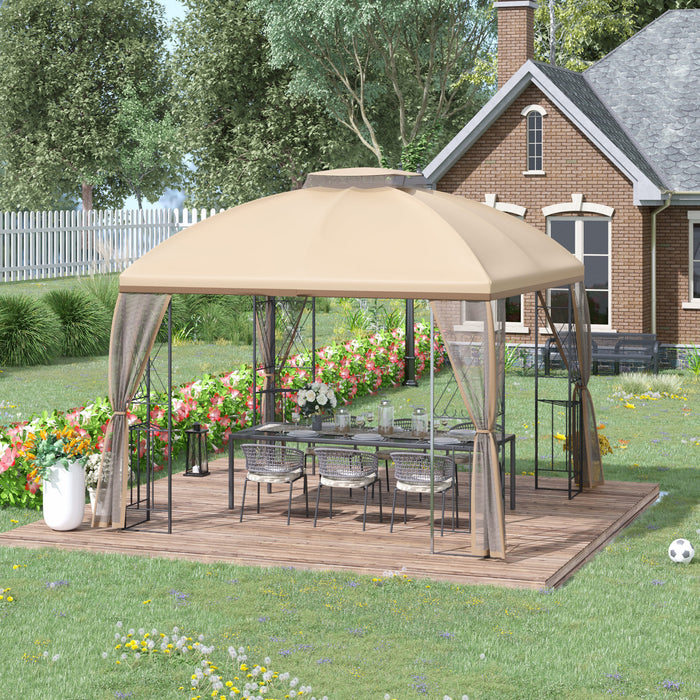 Outsunny 10' X 10' Tonnelle Pavillon Jardin Patio Terrasse Gazebo Exterieur Double Toit Avec Parois Laterales En Maille Amovibles, Etageres, Beige
