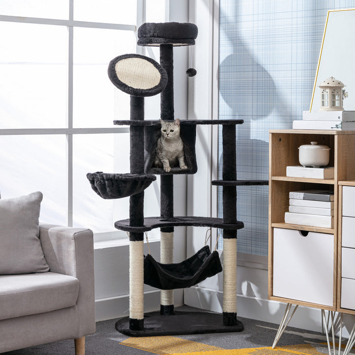 Arbre A Chat Pawhut 152 Cm Pour Grands Chats Adultes, Grande Tour A Chat Avec Griffoirs Et 2 Hamacs, Niche A Niveaux Multiples En Peluche Pour Chatons D'interieur Avec Balles Suspendues, Gris Fonce