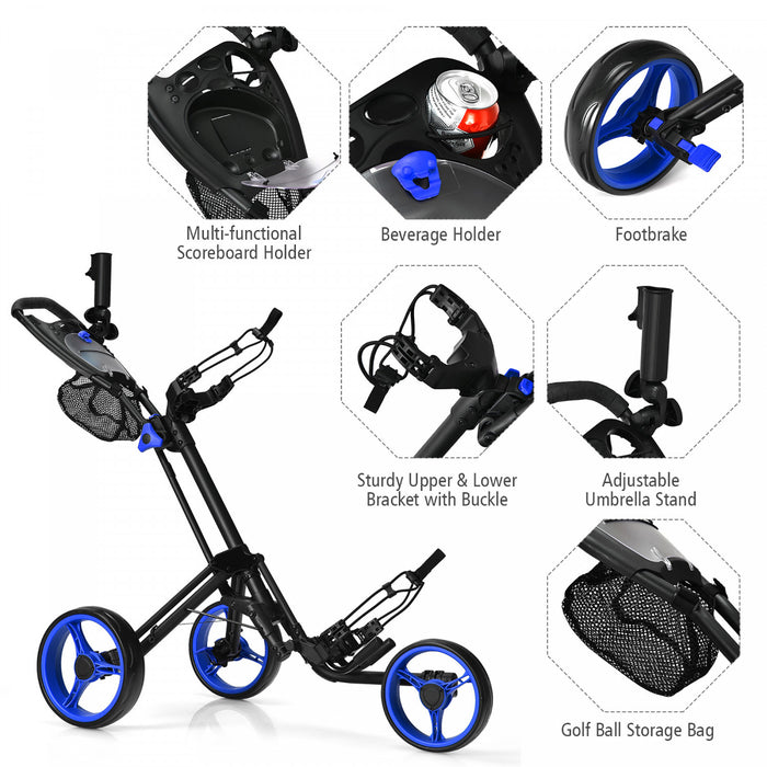 Goplus Pliant 3 Roues Golf Push Cart W/brake Scoreboard Poignee Reglable Bleu