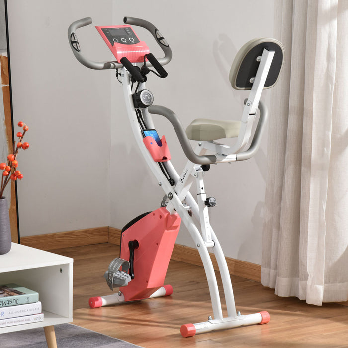 Soozier Velo D'exercice Droit 2 En 1 Stationnaire Pliable Magnetique Velo Couche Avec Bandes De Resistance Aux Bras Rose
