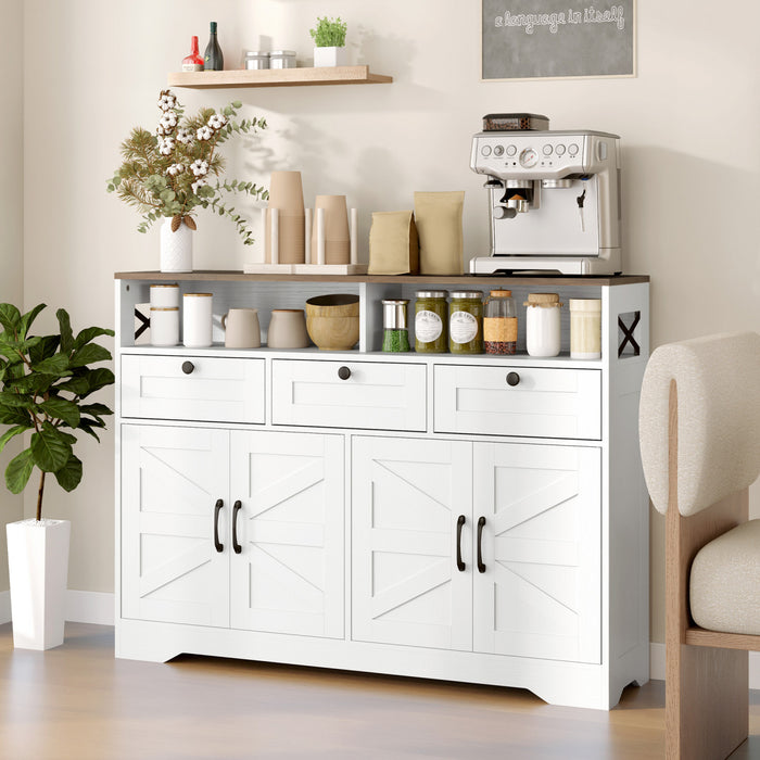 HOMCOM Buffet avec 4 portes de grange et 3 tiroirs, blanc