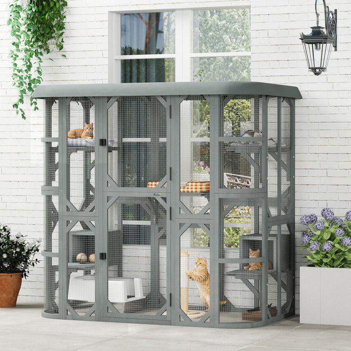 Enclos Exterieur pour Chats, Maison en Bois avec Design Accessible a Pied