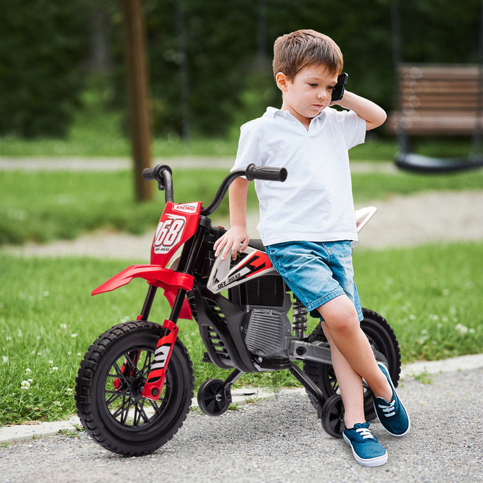 Qaba Kids Dirt Bike with Twist Grip Throttle, 12V Electric Motorcycle, Electric Bike with Training Wheels, Spring Suspension & Music, for Toddler 3-6 Years, Red
