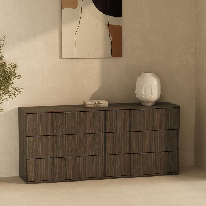 Commode Clive style milieu du siecle 183 cm en noyer brun et or (6 tiroirs)
