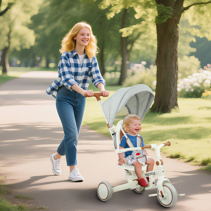 Qaba Tricycle 7 En 1 Pour Tout-petits Avec Guidon Reglable, Blanc Creme