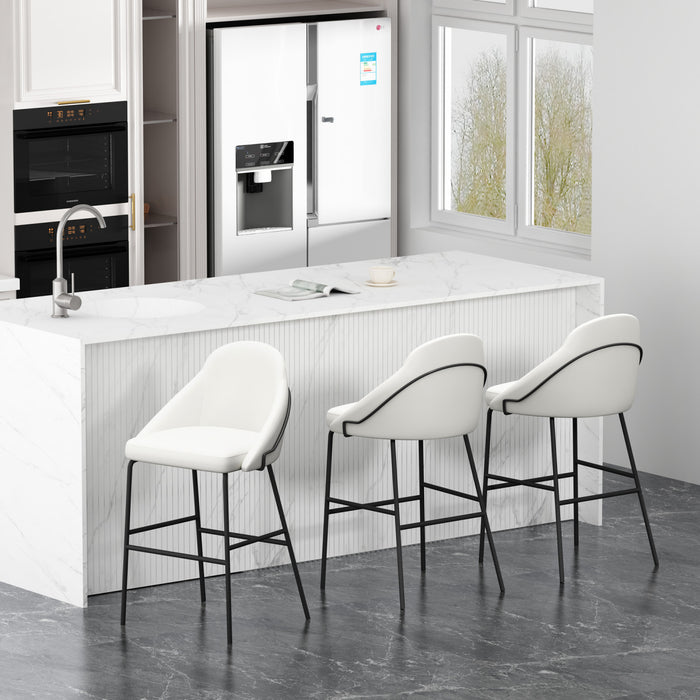 Tabouret de bar moderne en metal Gracie, rembourre, blanc et noir - Lot de 3