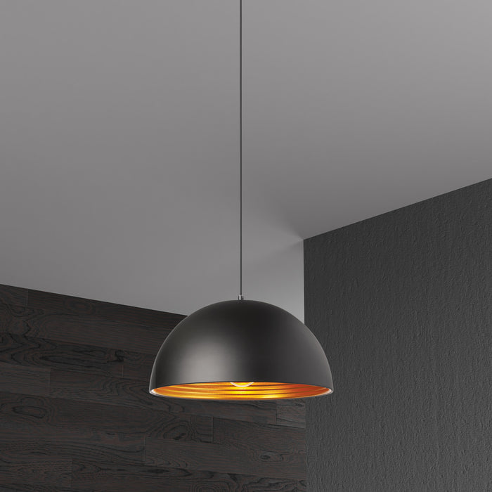 Luminaire suspendu Helsinki de Dainolite de 16 po de diamètre en forme de dôme, avec intérieur doré, fini noir mat et 1 ampoule
