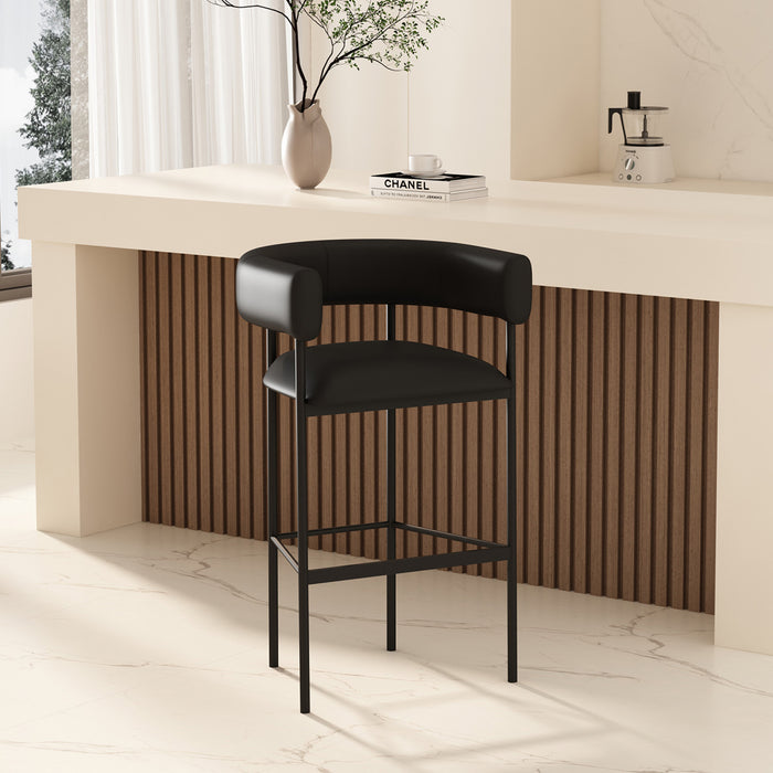 Tabouret de bar contemporain Onda en cuir vegetalien et metal, rembourre, noir