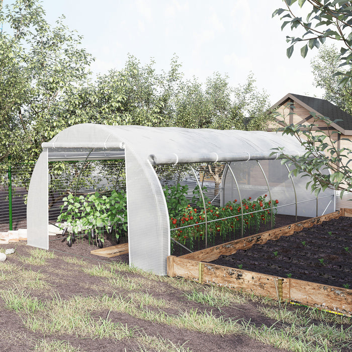 Outsunny Serre De Jardin Tunnel 20' X 10' X 6' Porte Zippee Deroulante Fenetres Enroulables Avec Moustiquaires Serre Exterieure Pour Plantes Blanc