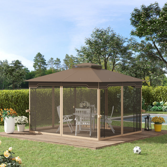 Outsunny 12' X 10' Tonnelle Pavillon Jardin Patio Terrasse Gazebo Auvent Abri D'exterieur Avec Double Toit Moustiquaires Cadre En Metal Brun