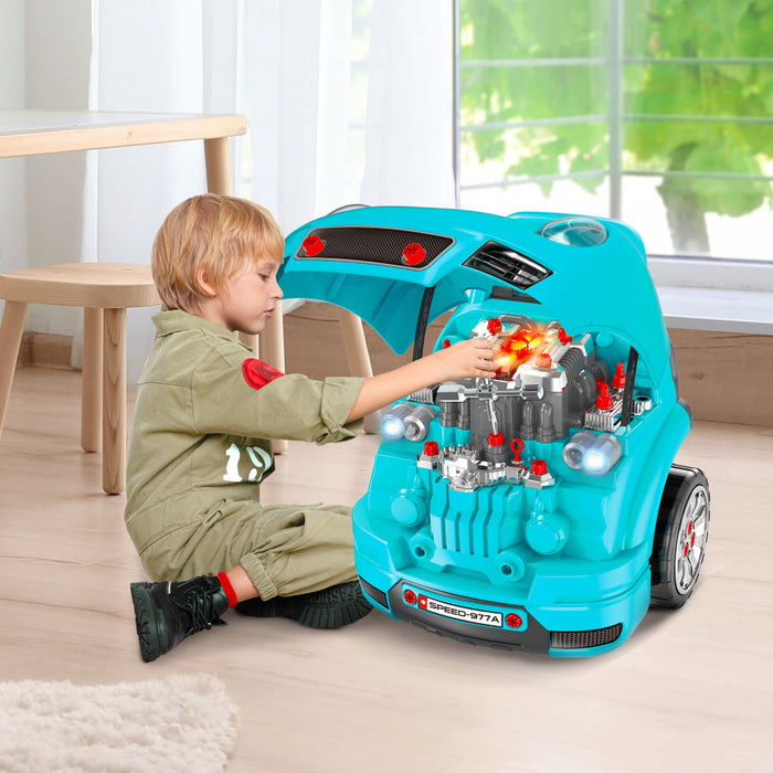 Qaba Ensemble De Jouets De Moteur De Camion Pour Enfants, Mecanicien, Atelier De Jeu De Demontage De Moteur, Comprend 61 Pieces, Volant, Klaxon, Lumiere Pour 3 A 5 Ans, Bleu Sarcelle