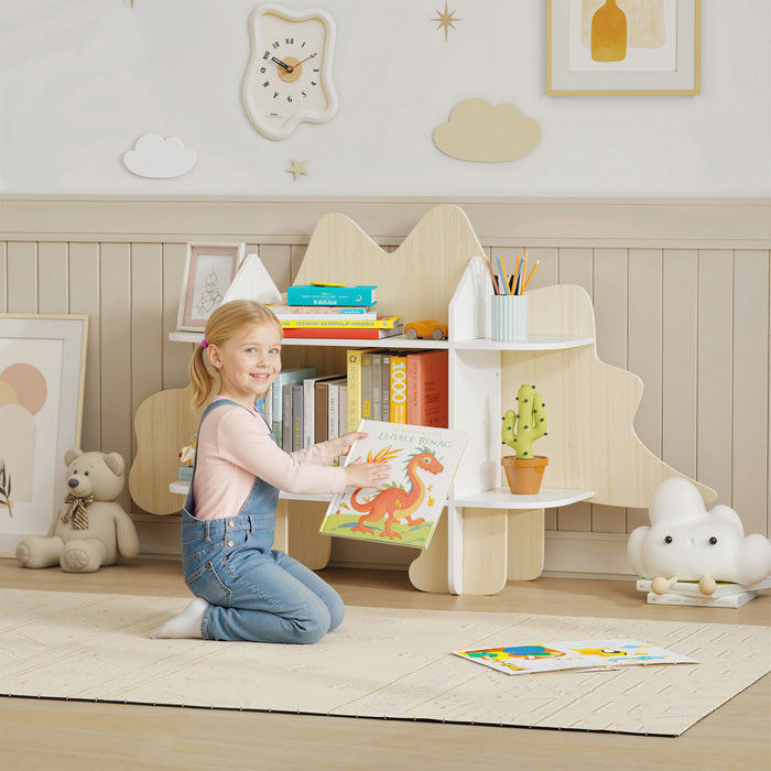 Bibliotheque et Rangement de Jouets pour Enfants Qaba, Bibliotheque pour Tout-Petits a 2 Niveaux, Organisateur de Jouets a Motif de Dinosaure pour Chambre, Salle de Jeux