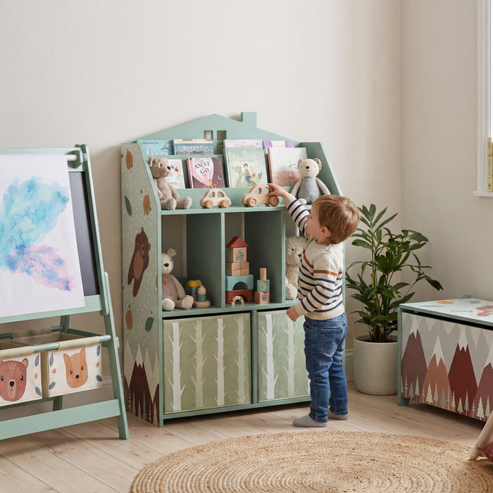 Meuble de rangement pour jouets Qaba avec presentoir a livres, etageres, tiroirs en tissu, vert