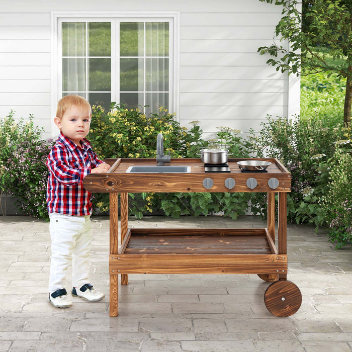 Les Enfants En Bois Boue Jouer Chariot De Cuisine Avec Evier, 4 Poeles Et Etagere De Stockage Naturel