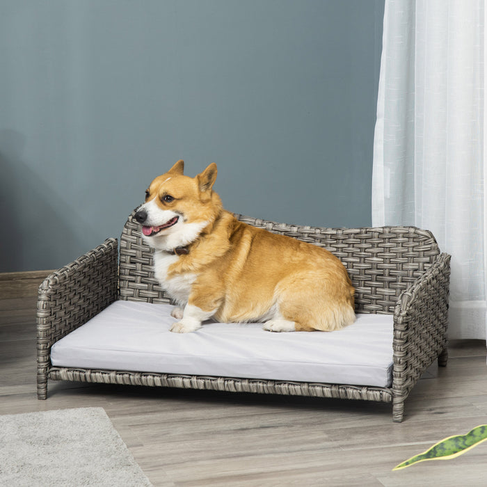Pawhut Canape Pour Animaux En Rotin, Lit Sureleve En Osier Pour Chien, Canape Chien Chat, Coussin Doux Et Lavable Pour L'interieur Et L'exterieur, Pour Petits Et Moyens Chiens, Gris Clair
