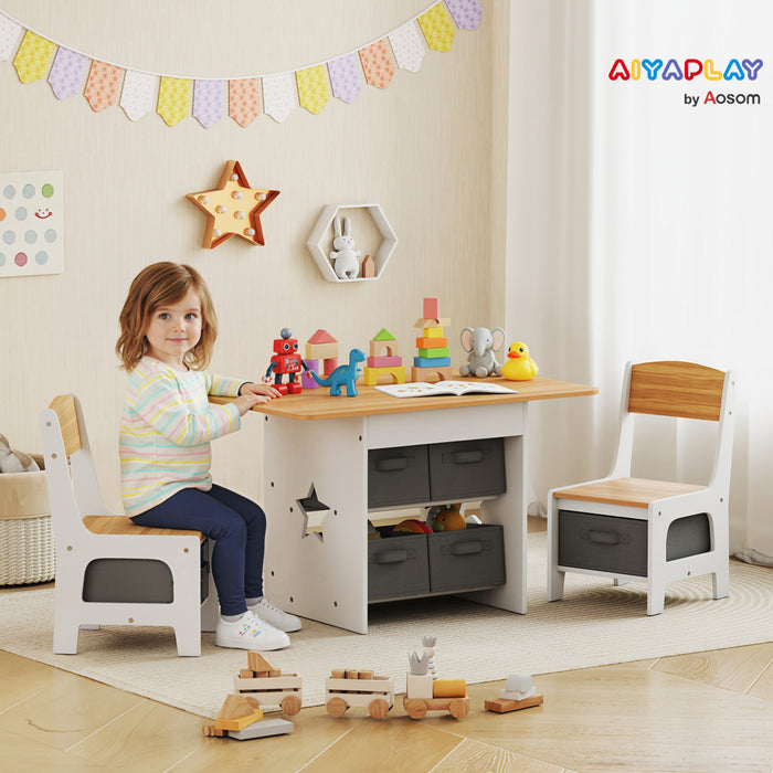 Qaba Ensemble table et chaises pour enfants 3 pieces, couleurs naturelles