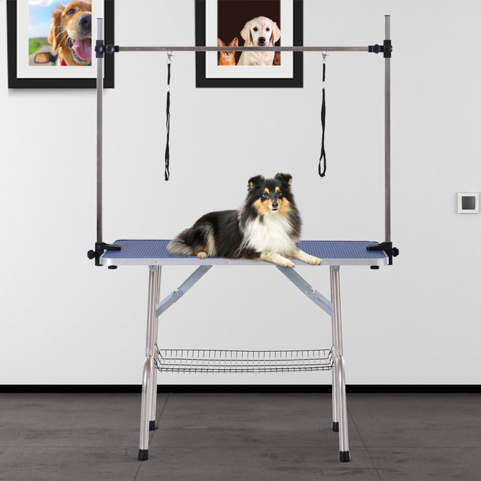 Pawhut Table De Toilettage Pour Chien Reglable Plateau En Caoutchouc 2 Sangles De Securite Panier De Rangement En Maille 67\"x 42.25\" X 23.5\"