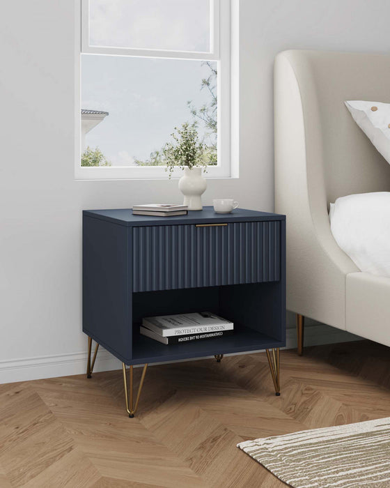 Table de nuit moderne Dumbo 20\" a cannelures, bleu minuit (1 tiroir)