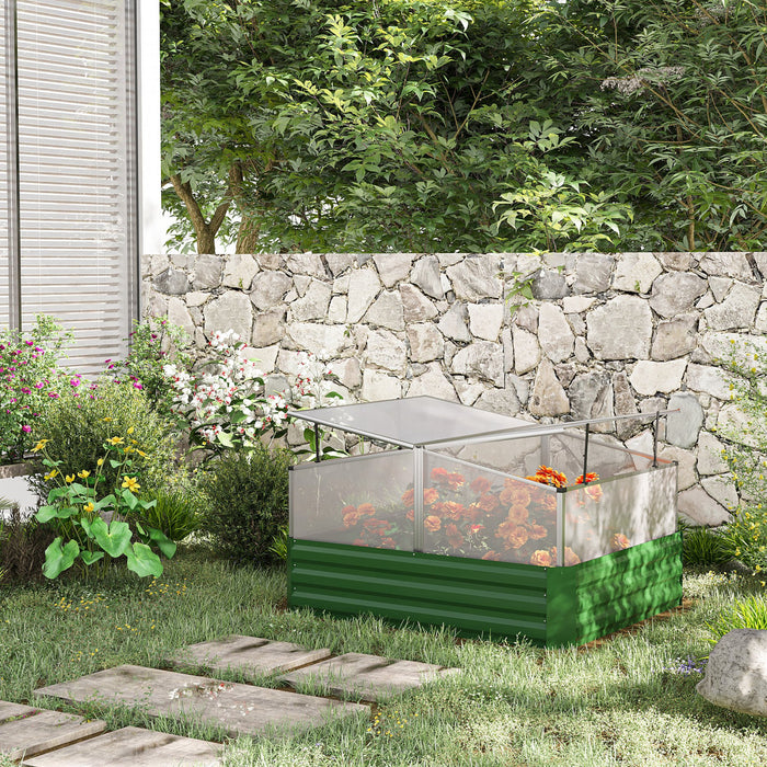 Outsunny Lit De Jardin Sureleve Galvanise Avec Serre, Jardinieres En Acier Pour Plantes D'exterieur, Fleurs, Herbes Et Legumes, Utilisation Pour Terrasse, Jardin, Balcon, Vert Fonce