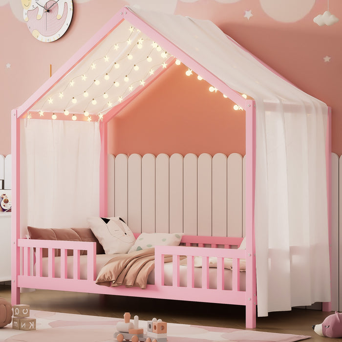Paul Lit Montessori au sol avec baldaquin et barrieres hautes, Taille Simple, Rose