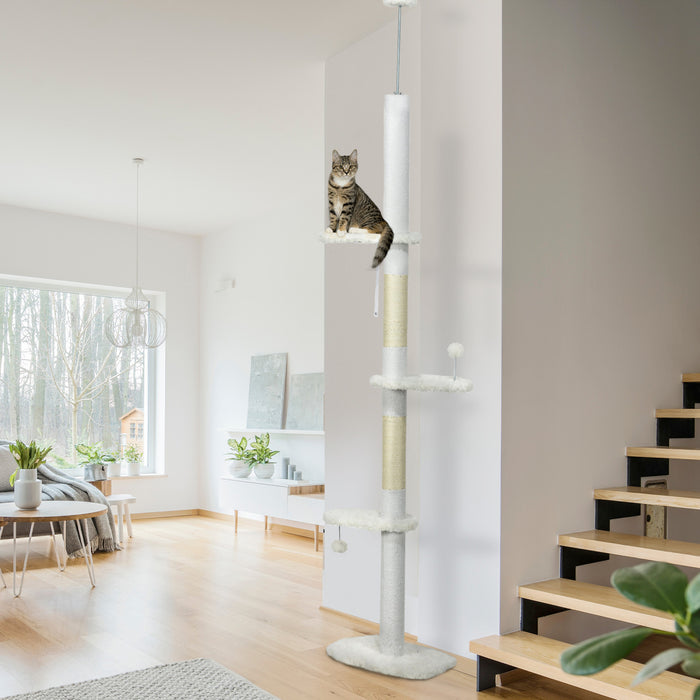 Arbre A Chat Pawhut Du Sol Au Plafond Avec Griffoirs, Tour Pour Chat Reglable En Hauteur De 225 A 255 Cm Avec Plateformes En Forme De Nuage, Balles Suspendues, Blanc