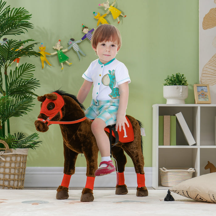Qaba Cheval A Chevaucher, Jouets Animaux A Chevaucher Pour Enfants Avec Design De Cheval De Guerre, Hennissement, Selle, Etriers, Pour Garcons Filles 3-8 Ans, Marron