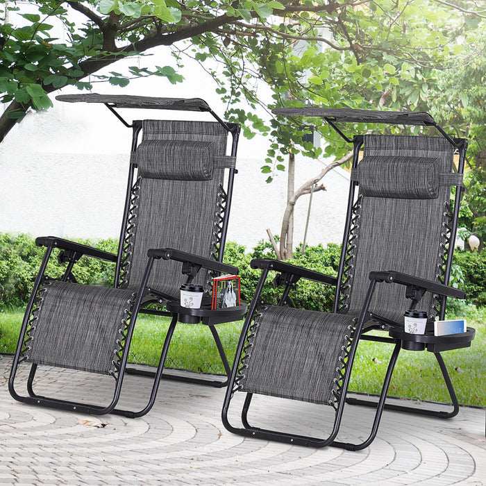 Chaise Longue Pliante 2 Pieces Avec Auvent De Protection, Gris Fonce