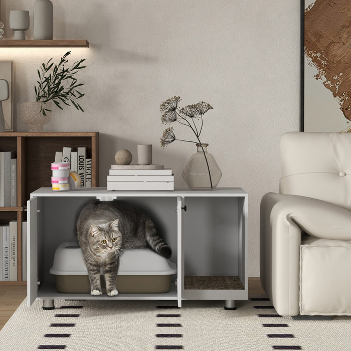 Pawhut Boitier De Litiere Pour Chat, Meuble De Toilette Cache Industriel Pour Chat, Table D'extremite Avec Double Porte Et Tapis A Gratter Pour Le Salon, La Chambre A Coucher, Le Couloir, Blanc