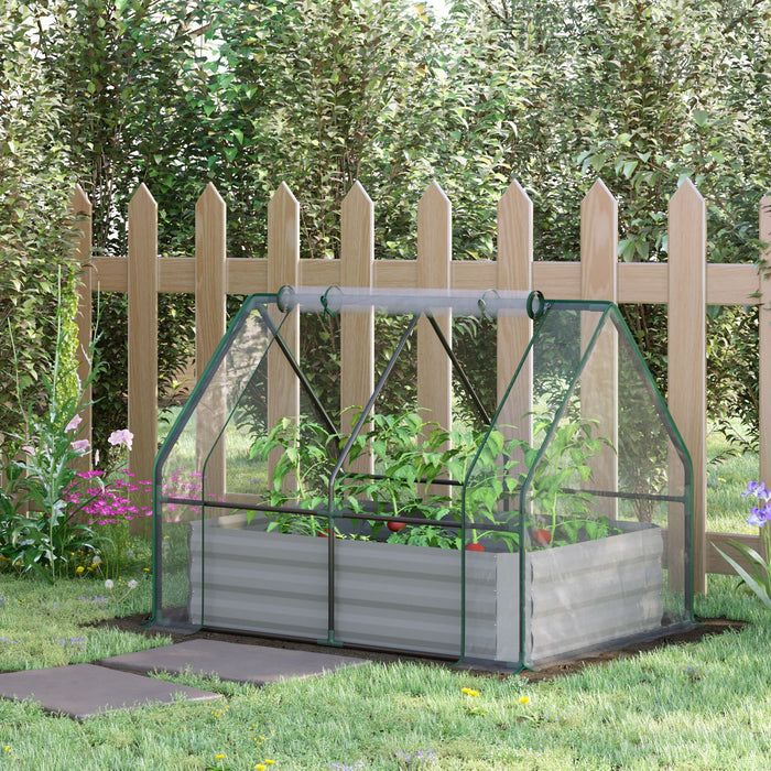 Outsunny Lit De Jardin Sureleve Galvanise De 4' X 3' Avec Mini Housse De Serre En Plastique, Jardiniere D'exterieur En Metal Avec 2 Fenetres Enroulables Pour Cultiver Fleurs, Fruits, Transparent