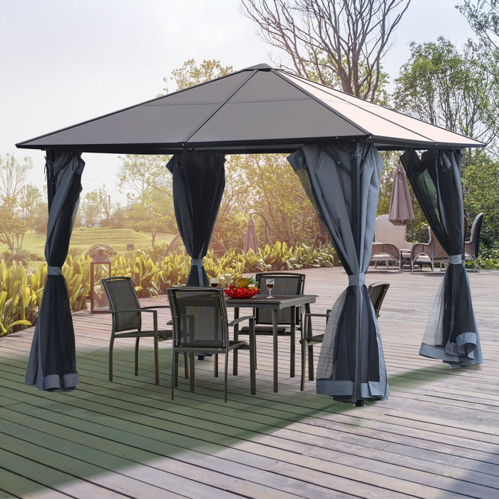 Outsunny 9,8 'x 9,8' Gazebo A Toit Rigide En Aluminium Pour Jardin Toit Auvent Chapiteau Tente De Fete Patio Abri Exterieur Avec Rideaux En Maille Et Murs Lateraux - Gris