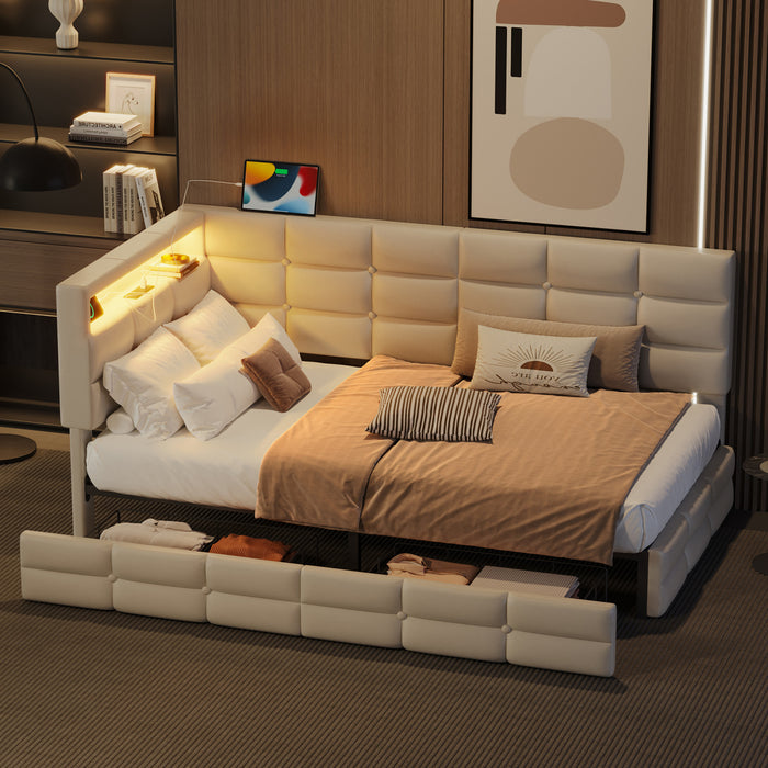 Banquette-lit Sophia rembourree avec lumieres LED et tiroirs de rangement, taille simple, beige