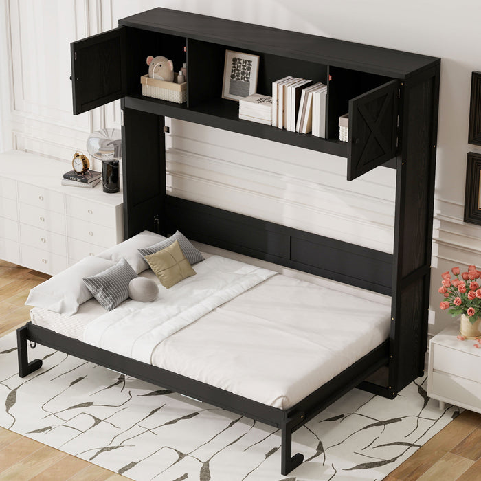 Lit escamotable Ethan en bois massif avec armoires de rangement, taille queen, noir