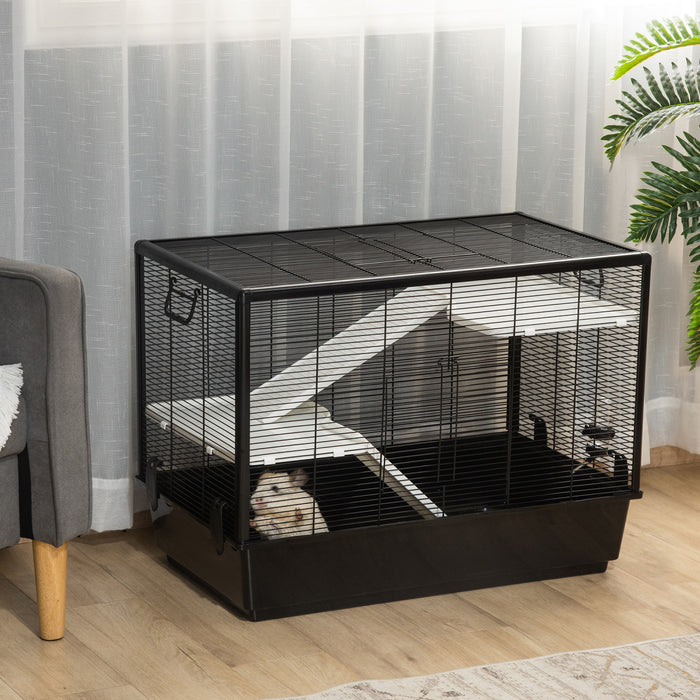 Pawhut Cage Petit Animal Habitat Interieur Cage Pour Cochons D'inde Hamsters Chinchillas, Avec Accessoires Bouteille D'eau Balcon Rampe Plat De Nourriture, 31.5\"x19\"x 22.75\", Noir