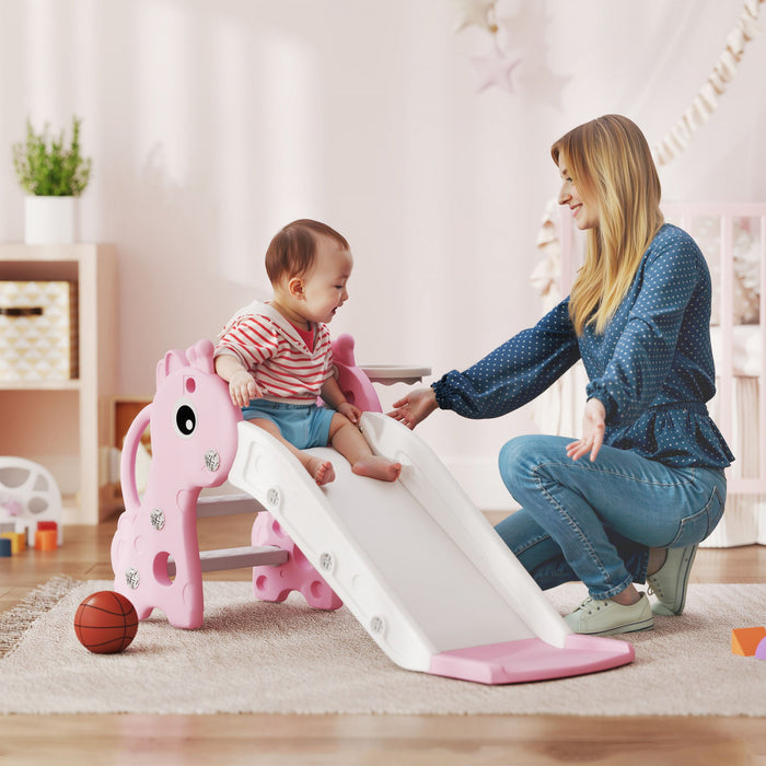 Qaba Toboggan pour tout-petits, toboggan 3 en 1 pour enfants de 1 a 3 ans avec grimpeur, panier de basket et ballon, aire de jeu pour bebe avec motif girafe, rose