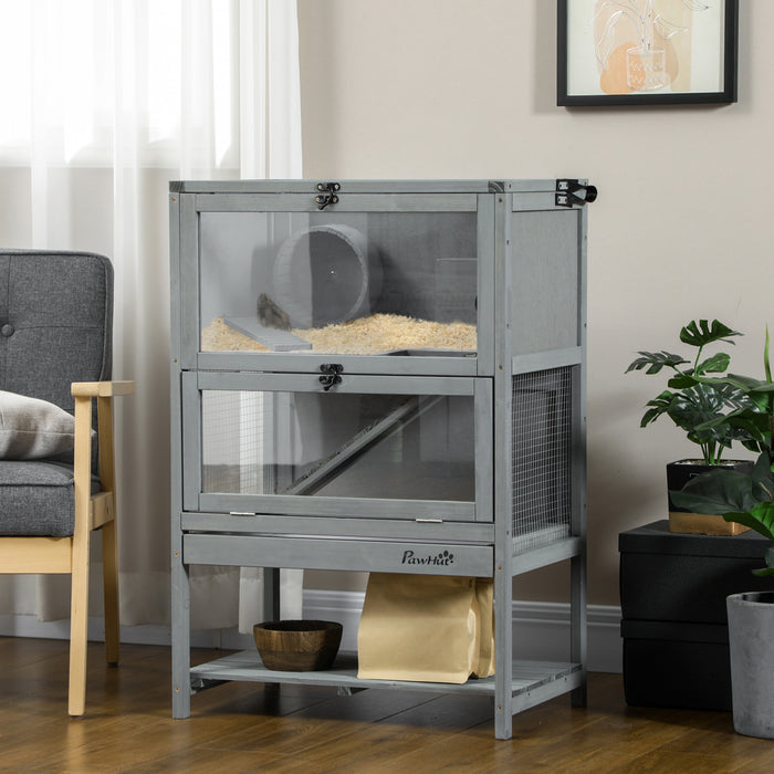 Pawhut Cage En Bois Pour Hamsters, Cage Pour Souris Et Rongeurs, Maison D'exercice A 2 Niveaux, Avec Etagere De Rangement, Plateau Coulissant, Scie, Roue De Course, Toit Verrouillable