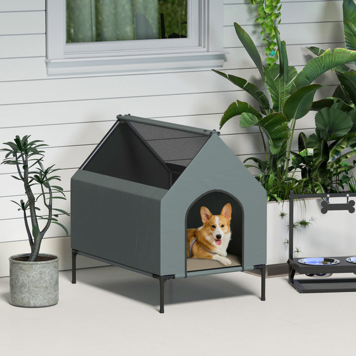 Pawhut Niche D'exterieur Pour Chien Surelevee Avec Housse Amovible, Fenetres En Maille, Sac De Rangement, Pour Chiens De Petite Et Moyenne Taille, Gris