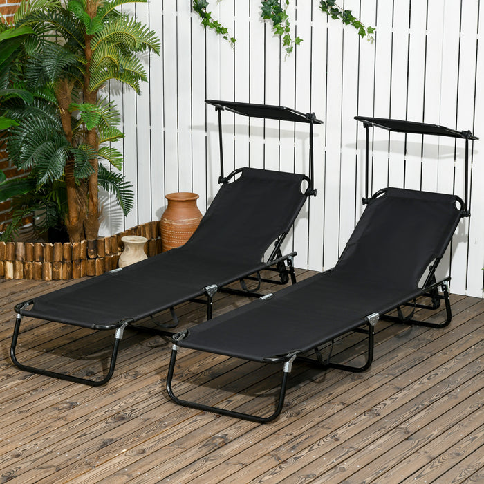 Outsunny Chaise Longue 2 Pieces Avec Dossier Reglable Et Pare-soleil, Noir