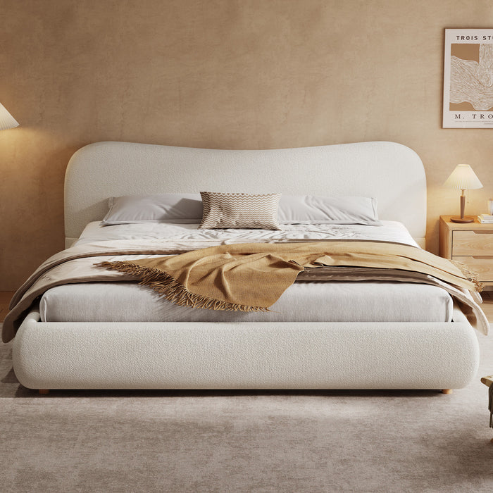 Lit plateforme Camille avec tete de lit courbee et tapisserie bouclee luxueuse, taille King, blanc