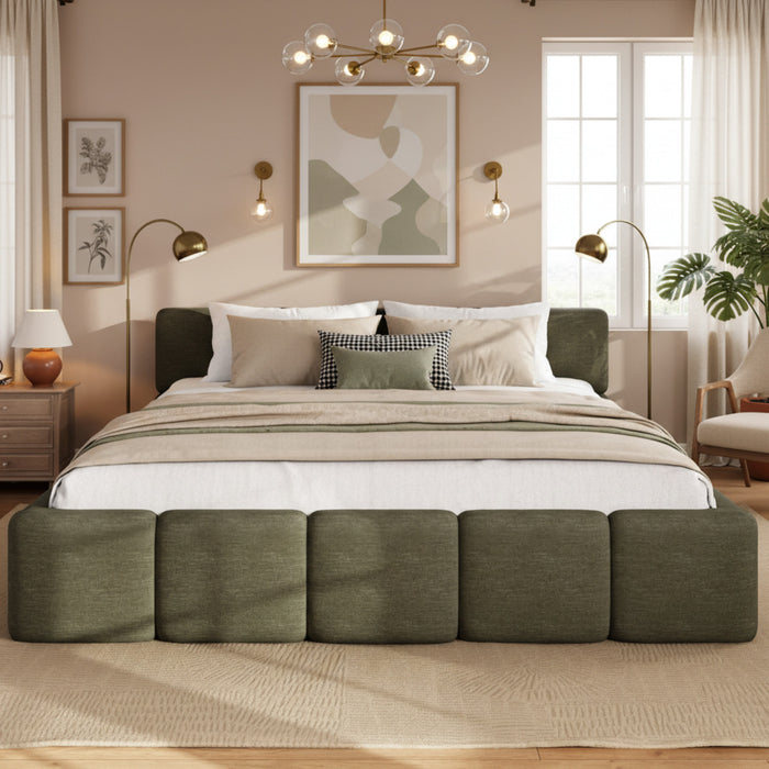 Lit plateforme Toby en tissu lin avec tete et pied de lit epaissis, taille king, vert
