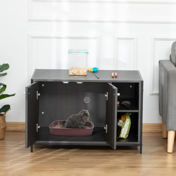 Pawhut Maison De Toilette Pour Chat Grand Espace De Rangement 2 Placards Avec 2 Compartiments Porte Magnetique Pieds En Acier Panneau De Particules 32.75\" X 20\" X 21.75\" Noir