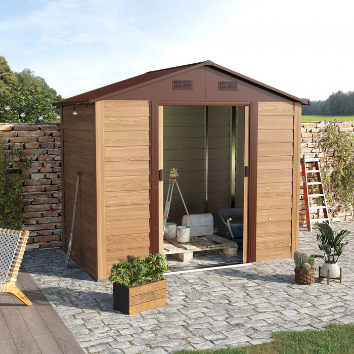 Outsunny Abri De Jardin Exterieur En Acier De 6.5' X 7.5' Avec Ventilation, Brun Avec Grain De Bois