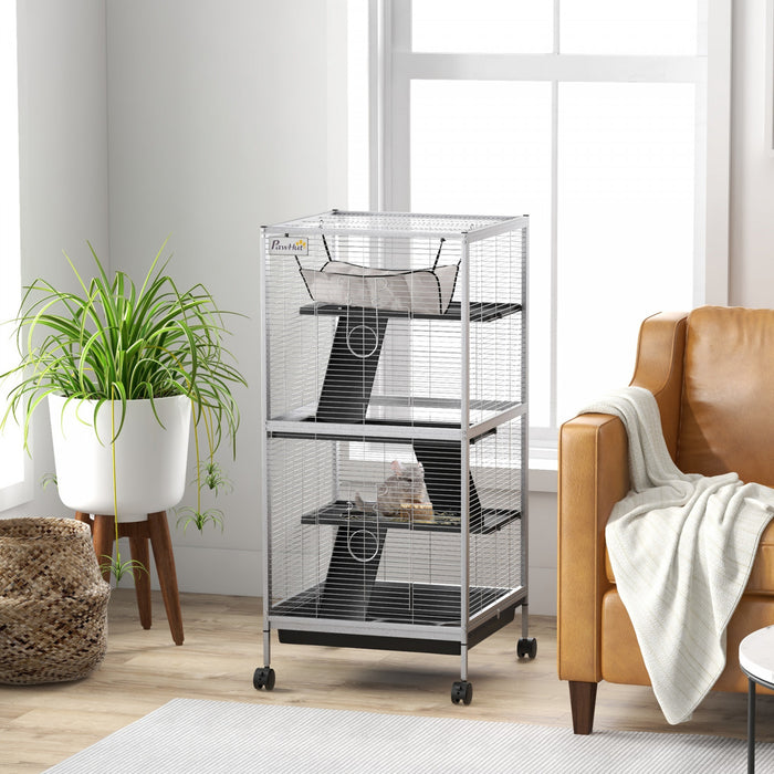 Pawhut Cage Roulante A 4 Niveaux Pour Petits Animaux, Cage Pour Cochon D'inde, Furet, Chinchilla, Chaton, Lapin, Maison De Jeu Avec Plateforme De Hamac, Rampe, Plateau Amovible, Gris Clair