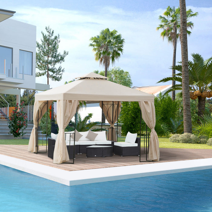 Outsunny 10' X 10' Pavillon De Jardin Tonnelle Barnum Gazebo Avec Parois Laterales Beige
