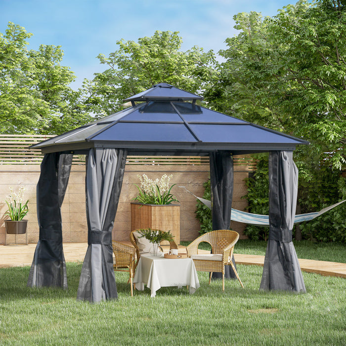 Outsunny 10' X 10' Pavillon D'exterieur A Toit Rigide En Polycarbonate Avec Toit A Deux Niveaux, Cadre En Acier Stable, Rideaux Et Parois Laterales En Filet
